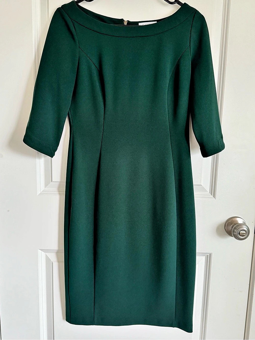 Calvin Klein Boat Neck 3/4 Sleeve Scuba Crepe Sheath Dress Green Midi Dress